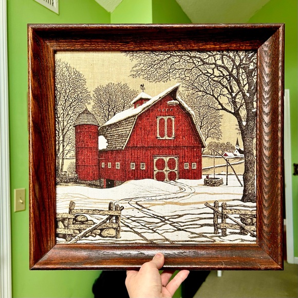 Other - Vintage Framed Material Fabric Sewn Farmhouse Stitch Wall Hanging Home Decor Art